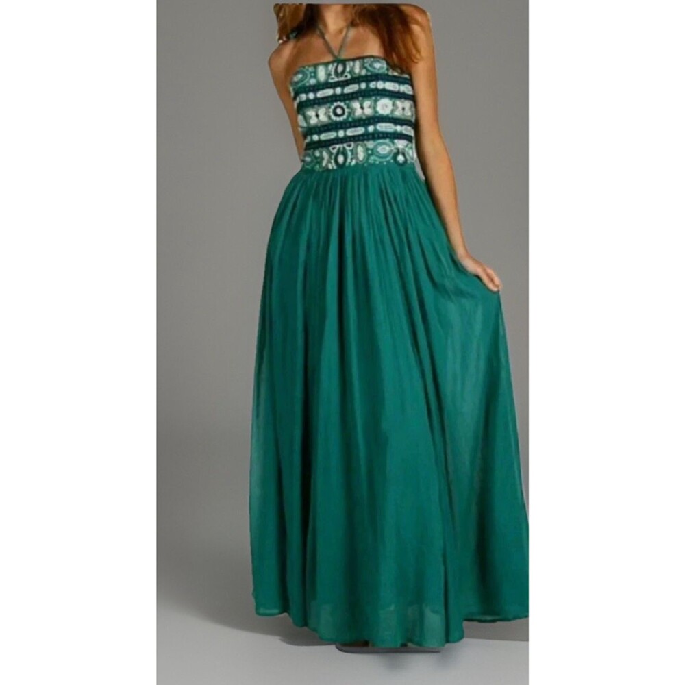 FRENCH CONNECTION Embroidered Azore Boho Maxi Dress Size  6  Teal Turquoise NWT